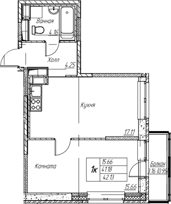1-комнатная квартира 42.13 м², 4/22 эт., ЖК «Парк-квартал Юнтолово»